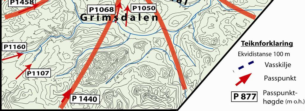 I denne fasen drenerar smeltevatnet rundt dei høgaste toppane i feltområdet. Over vasskilje er dei fleste passpunkta dekka med is. Lokalt er det passpunktet ved Kvannsteinen (1458 m o.h.) som fyrst vert aktivt (sjå figur 4-2).