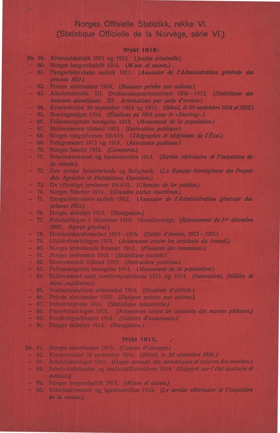 Norges Offisielle Statistikk, rekke VI. (Statistique Officielle de la Norvège, série VI.) Trykt : Nr. 5. Kriminalstatistik og. (justice criminelle.) - 0. Norges bergverksdrift. (M:nes et usines.) -. Fængselsstyrelsens aarbok.