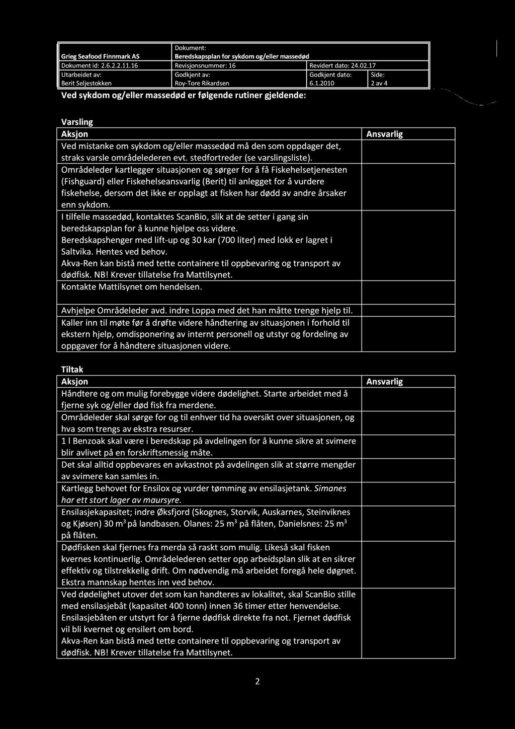 Dokument: GriegSeafoodFinnmarkAS Beredskapsplanfor sykdomog/eller massedød Dokumentid: 2.6.2.2.11.16 Revisjonsnummer:16 Revidertdato:24.02.