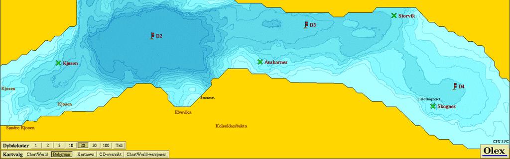 Stasjon Steinviknes Auskarnes Storvik Skognes Dyp (m) 53 97 76 80 GPS N 70 o 09,197 Ø 22 o 18,592 N70 o 08,522 Ø 22 o 21,394 N 70 o 09,059 Ø 22 o 25,387 N 70 o 07,977 Ø 22 o 26,497 Figur 2.