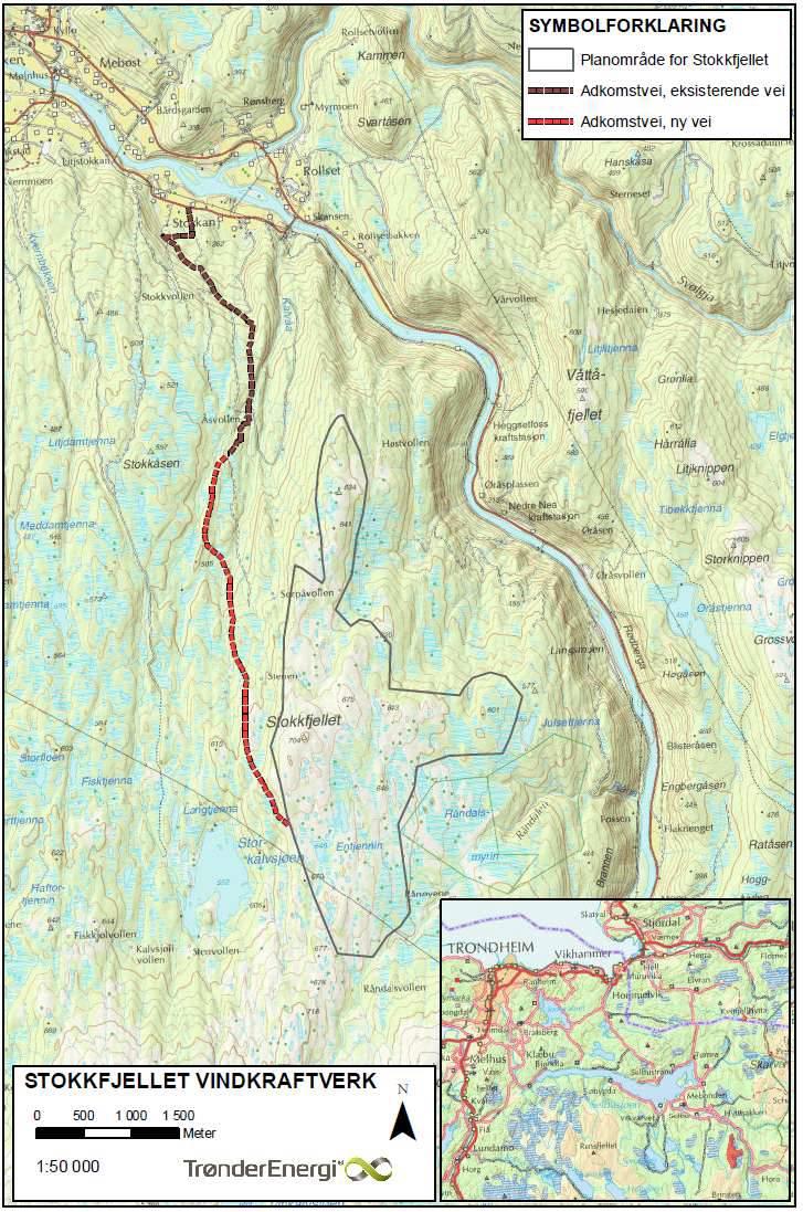 Planområdet: Planområdet dekker et areal på ca. 5,8 km2 på Stokkfjellet i Selbu (se fig. 1). Området hvor vindkraftverket er planlagt ligger mellom 590-704 moh. Stokkfjellet på 704 moh.