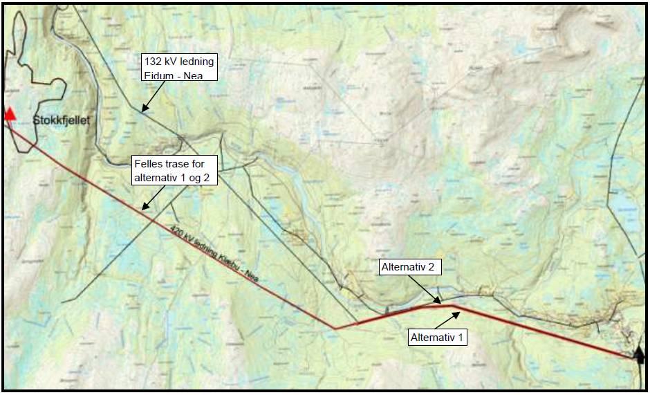 Nettilknytning: Søknaden omfatter 132 kv nettilknytning i 2 alternativer parallelt med eksisterende 420 kvlinje fra vindkraftverket og fram til Nea transformatorstasjon i Tydal.