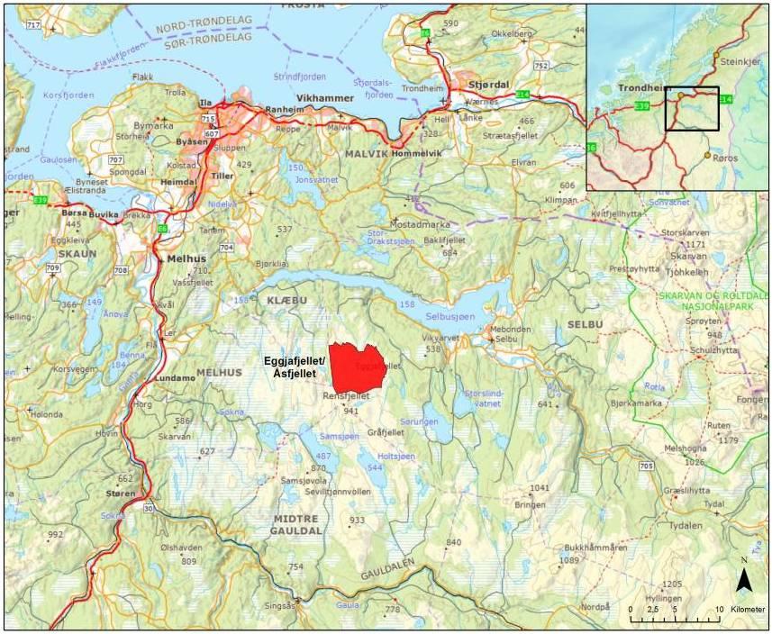 Planområdet: Planområdet til vindkraftverket er på ca. 29 km 2 og ligger i sin helhet i Selbu kommune, sør for Selbusjøen og over skoggrensa (se fig. 1).