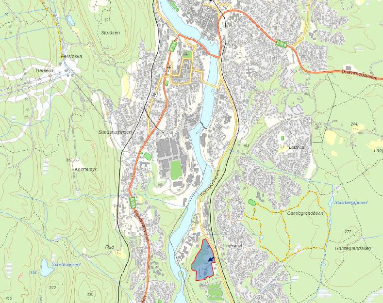 3 1 DAGENS SITUASJON 1.1 Planområdet på Gomsrud Gomsrud næringsområde, som er vist med en rød ramme og blå farge på figuren nedenfor, ligger 2,5 km sør for Kongsberg sentrum.