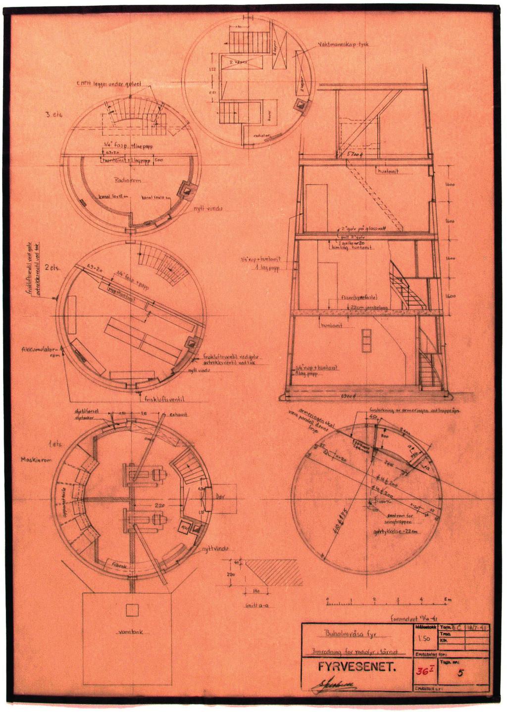 Vaktmannskap tysk 4 4 3 3 2 2 1 1 Tegning fra 1941 som viser innredning for radiofyr i tårnet.