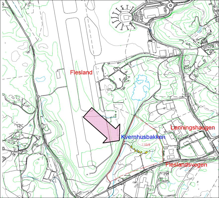 3.1 Lokalisering og kort beskrivelse av planområdet i dag Kvernhusbakken næringsområde ligger mellom Fleslandsveien og Flesland flyplass, sørvest for Kvernhushaugen (ca. 60 moh), hovedsaklig på bnr.