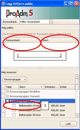 26 Startvindu i Gemini ProAdm 5 26 1. Velg hvilken ressursbank du vil lage pakken fra. 2. Skriv inn navnet på ressurspakken. 3.