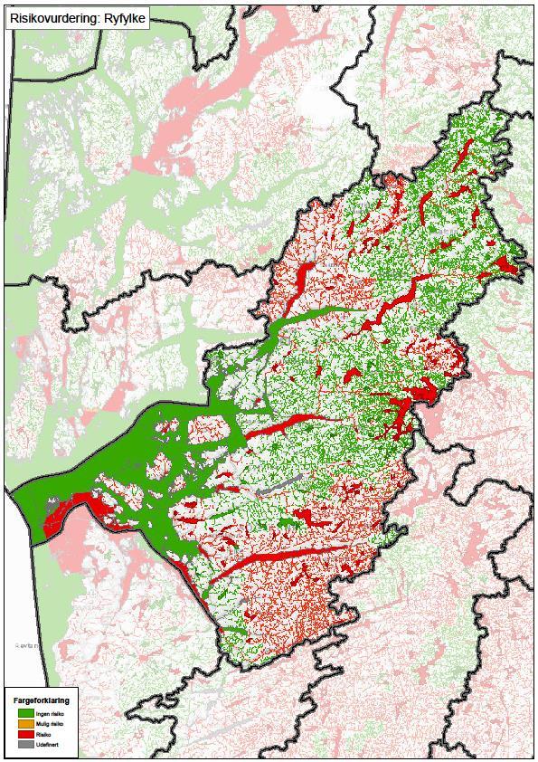 Figur 63: Kartframstilling av risikobildet for overflatevann i Ryfylke vannområde.