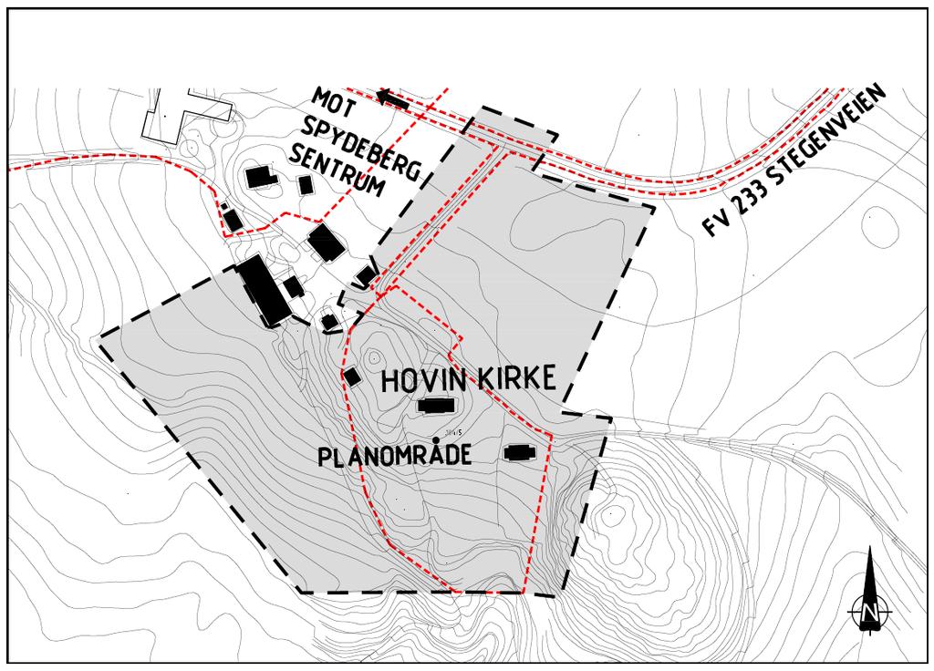 Om analyseobjektet Beskrivelse av analyseområdet Planområdet ved Hovin kirke ligger ved fv. 233 Stegenveien ca. 4 km nordøst for Spydeberg sentrum.
