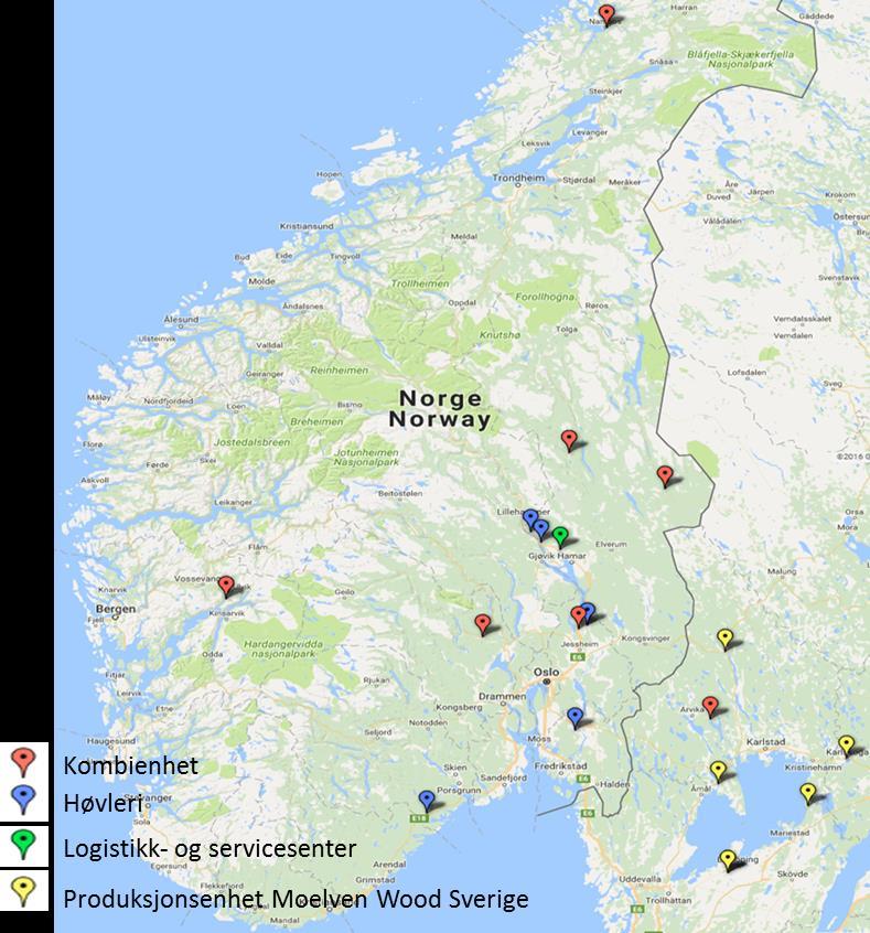 13 produksjonsenheter Moelven Wood Norge Norges største og ledende produsent av trebaserte produkter - 40% markedsandel - Salgsvolum: