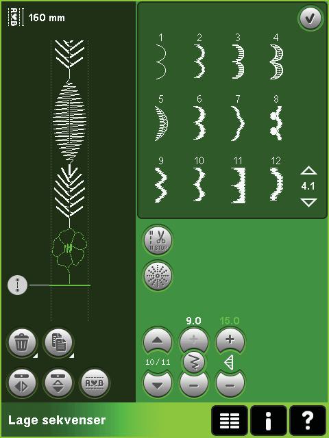 Broderistings-redigering eksempel 1. Gå inn i broderiredigering. 2. For å lage en sekvens må du åpne sekvensering ved å trykke på ikonet i alternativlisten (25). Velg sømnummer 4.3.20, deretter 4.3.15, 4.