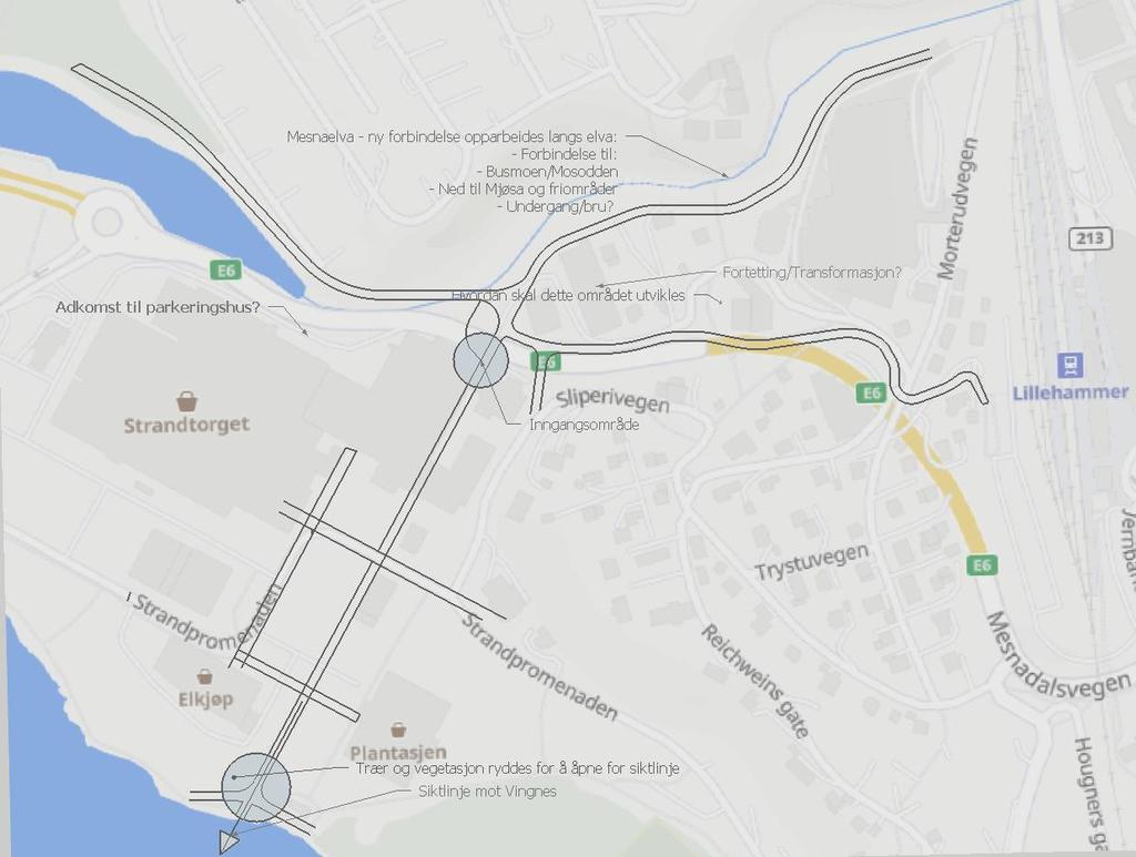 Forbindelse sentrum Strandtorget/Strandparken Mjøsa I vedlagt steds- og tilgjengelighetsanalyse skisseres det ulike ideer for forbindelse mellom Strandtorget/Strandparken og sentrum.