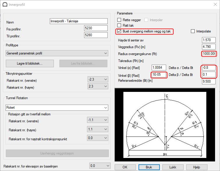 I skjermdumpet på neste side, ser du hvordan taknisjen blir for dette eksempelet med Korslundtunnelen. Du kan evt.