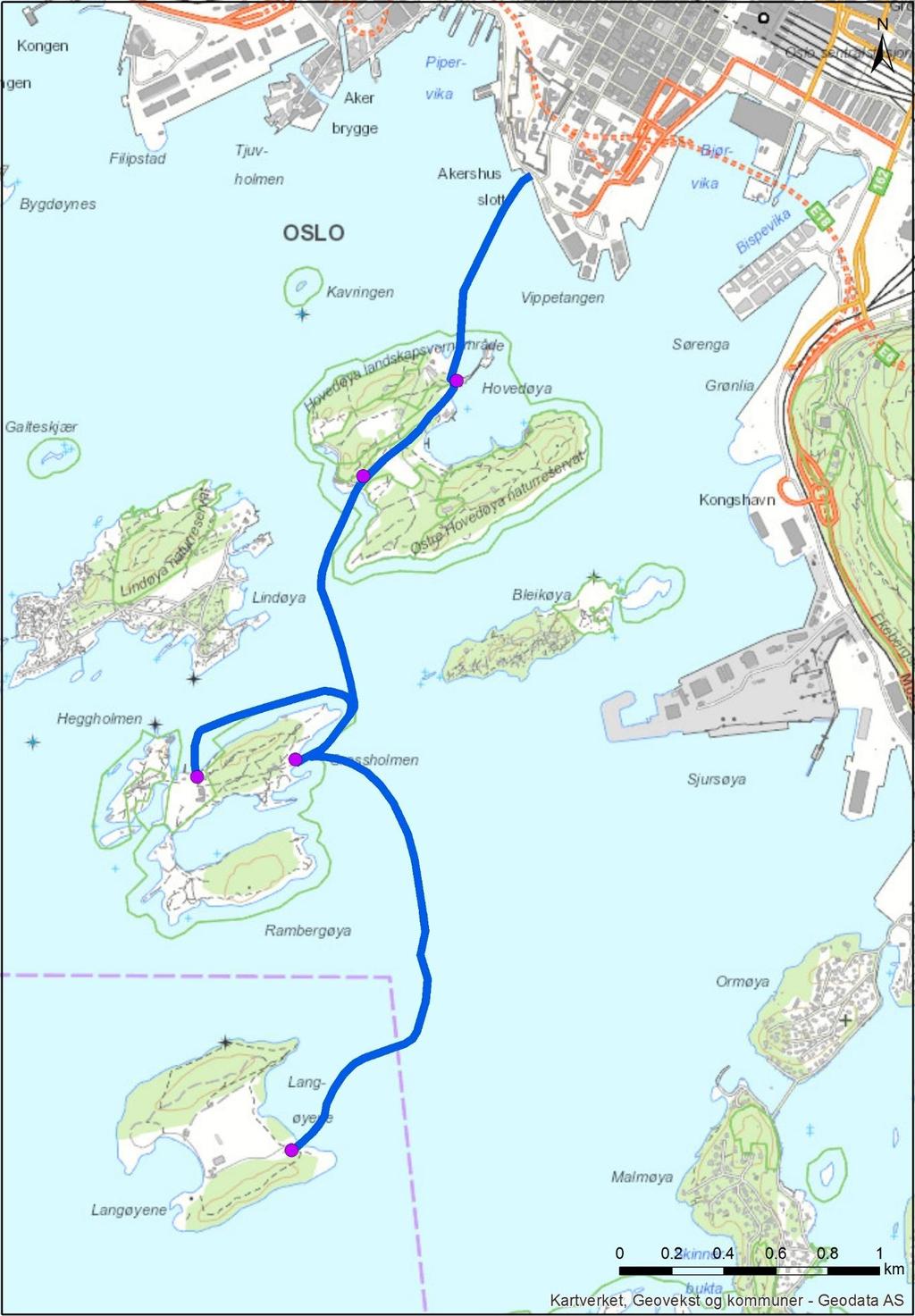 1 Revierhavna 2 Lindøysund 4 Gressholmen småbåthavn 3 Gressholmen kro 5 Langøyene Figur 1: Trasé for VA-anlegg fra Vippetangen til Hovedøya og videre til