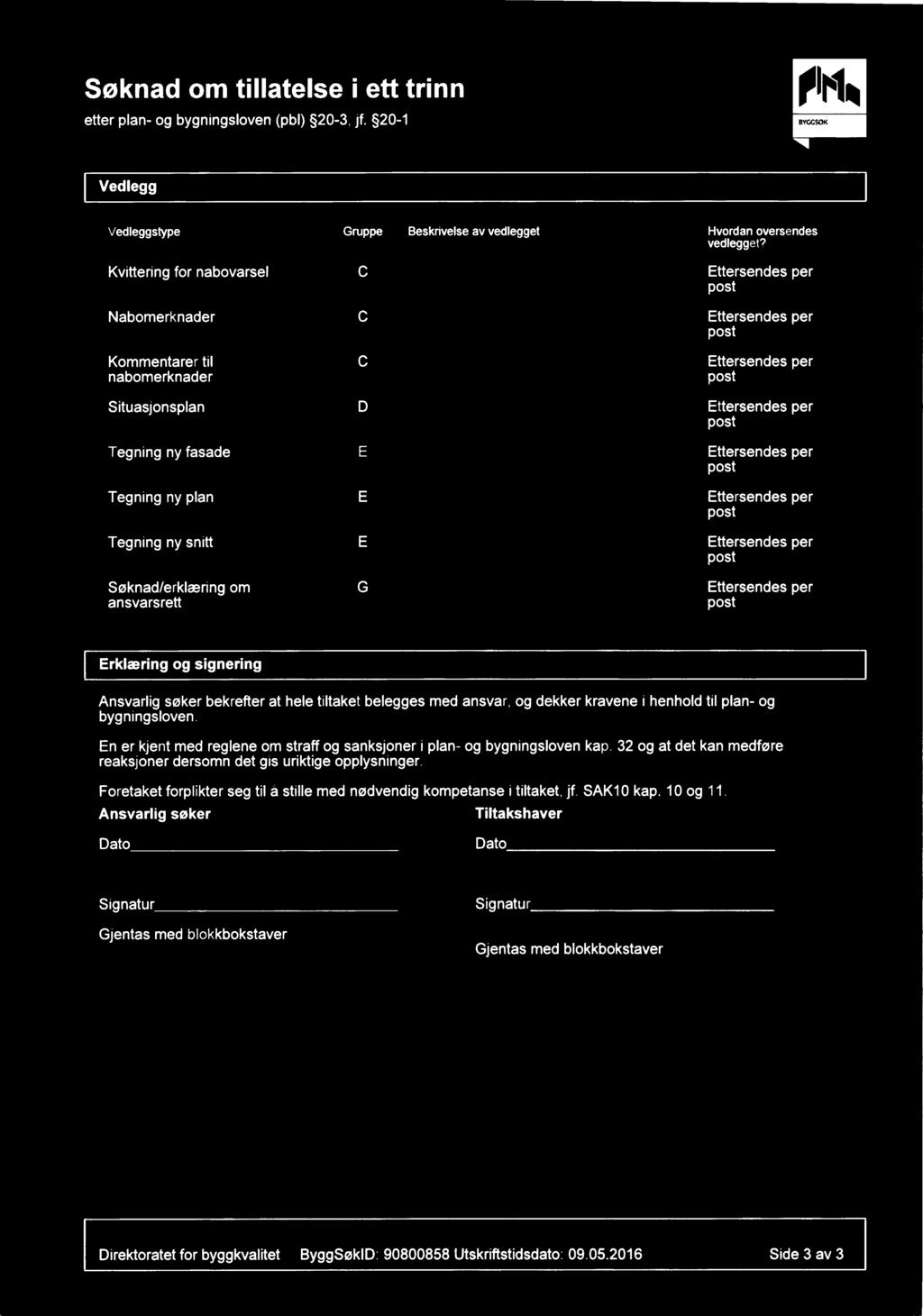 Søknad om tillatelse i ett trinn etter plan- og bygningsloven (pbl) 20-3, jf. 20-1 BVGGSOK Vedlegg Vedleggstype Gruppe Beskrivelse av vedlegget Hvordan oversendes vedlegget?