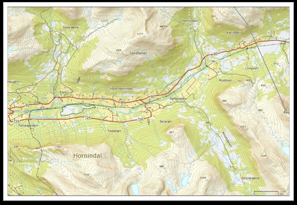 4 Områdeskildring Dalføret Hornindal er ein u dal som strekk seg frå austenden av Hornindalsvatnet og nordaust mot Stranda kommune i Møre og Romsdal, der det endar på Hellesylt.