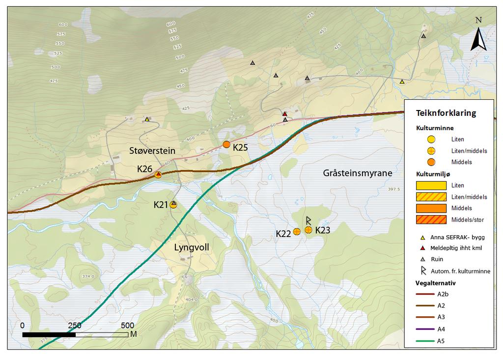 K21Tuft/ruinLyngvoll Figur29KonsekvensavallevegalternativforK21 K26.Kart:Statensvegvesen. VerdienpåkulturminnetK21Tuft/ruinLyngvollvertvurdertsomliten.