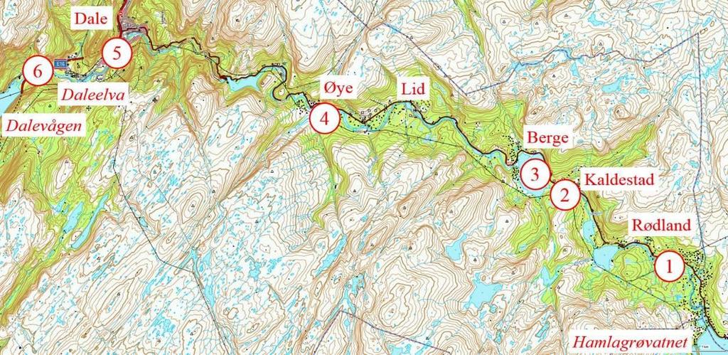 UNDERSØKELSENE I 2015 I perioden juni til oktober 2015 ble det samlet inn fem månedlige vannprøver fra overflatevannmassene seks steder i Bergsdalsvassdraget (figur 3 og tabell 2).