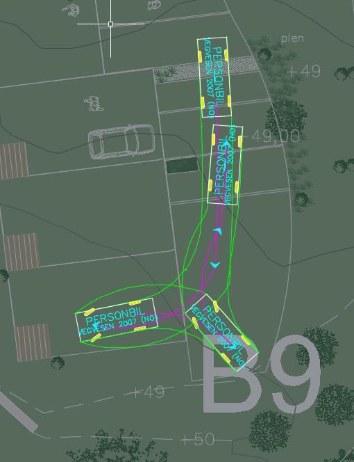 6. Lurte på om dere kunne tatt en rask titt på inn/utkjøring for den siste carporten på rekke R9, R10 og R11? For R9 har jeg foreslått å forlenge veien litt forbi rekken for at bilen skal klare å snu.