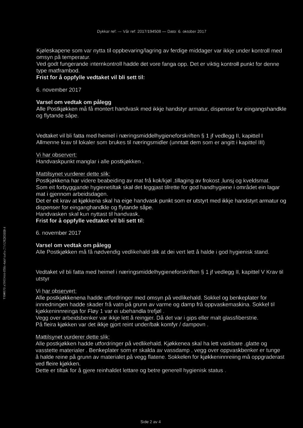 119#870 239604dd-6590-4abf-baQa 276526263909'4 Kjøleskapene som var nytta til oppbevaring/lagring av ferdige middager var ikkje under kontroll med omsyn på temperatur.