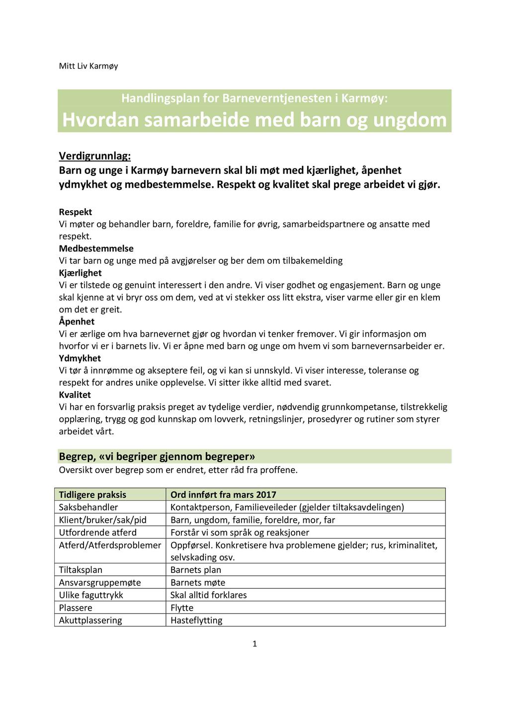 Mitt Liv Karmøy Handlingsplan for Barneverntjenesten i Karmøy: H vordan samarbeide med barn og ungdom Verdigrunnlag: Barn og unge i Karmøy barnevern skal bli møt med kjærlig het, åpenhet ydmykhet og