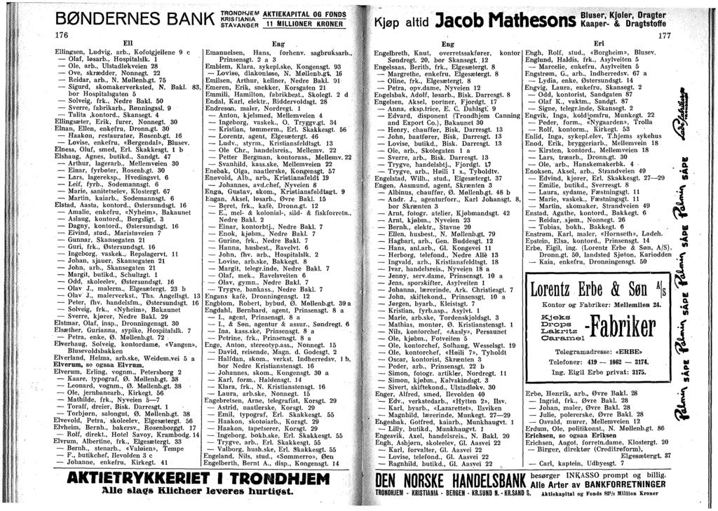 BØNDERNES BANK 176 El Ellngsen, Ludvg, arb., Kofotgjelene 9 c Olaf, løsarb., Hosptalslk. l Ole, arb., Ulstadløkveen 28 Ove, skrædder, Nonnegt. 22 Redar, arb., N. Møllenb.gt. 75 Sgurd, skomakerverksted, N.