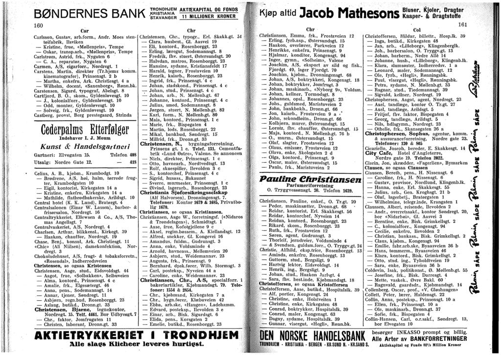 BØNDERNES BANK 160 Car Carlsson, Gustav, arb.fonn., Andr. Moes stentøfabrk, Ilsvken Krstne, frue, «Møllenprs», Tempe Oskar, transp.arb., «Møllenprs», Tempe Carlstrøm, Astrd, frk., Nygaten 6 C. A., reparatør, Nygaten 6 Carmen, A/S, cgarforr.