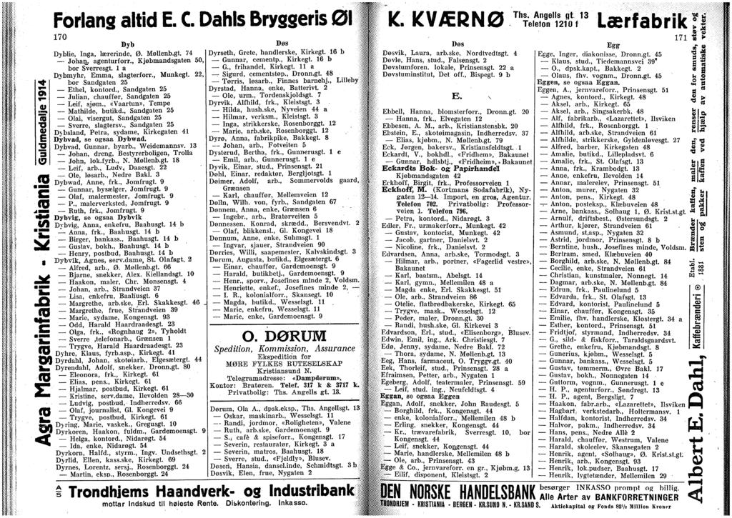 .2 Æ ts CO S? CO Forlang altd E. C. Dahls Bryggers 01 170 Dyb Dyble, Inga, lærernde, Ø. Møllenb.gt. 74 Johan, agenturforr., Kjøbmandsgaten 50, bor Sverresgt. l a Djbmyhr, Emma, slagterforr., Munkegt.