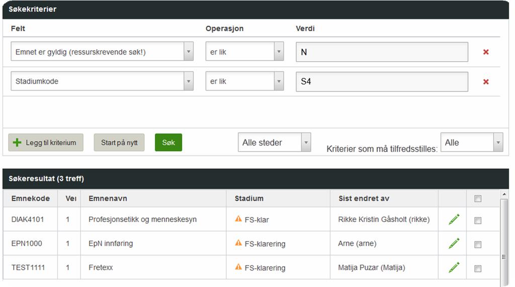 Erstatningsfelt Vurderingskombinasjoner, undervisningsaktiviteter mfl. Det er ikke alle felter det er støtte for å redigere i EpN på en måte som øverføres til FS.