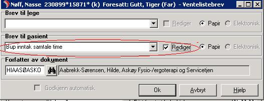 Etter at timen er lagret trykker behandler på Brev. Velg riktig mal (Bup inntak samtale time) fra nedtrekksmenyen under Brev til pasient.