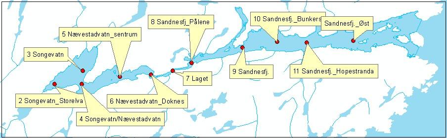 NIVA 6049 - Figur 17 - Figur. Det var en spesiell stor konsentrasjonsgradient i Lagstrømmen. Det var godt samsvar mellom simulerte og observerte verdier på prøvetakingsdagene i 07 og 08.