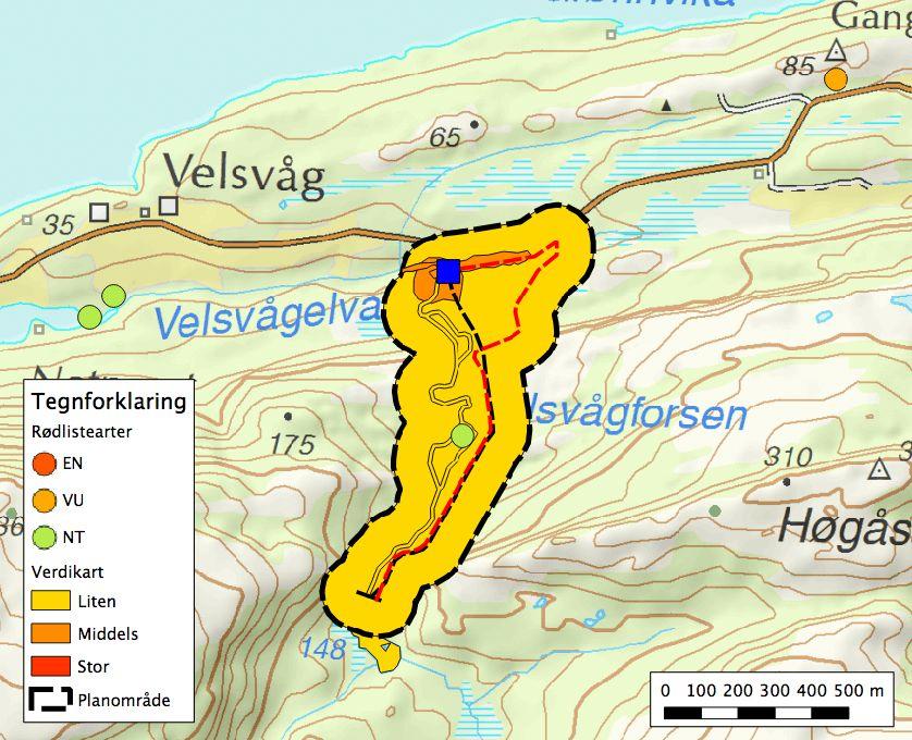 Figur 16. Verdikart for området. De største verdiene kommer av anadrom strekning og verdifull naturtypelokalitet (oransje).