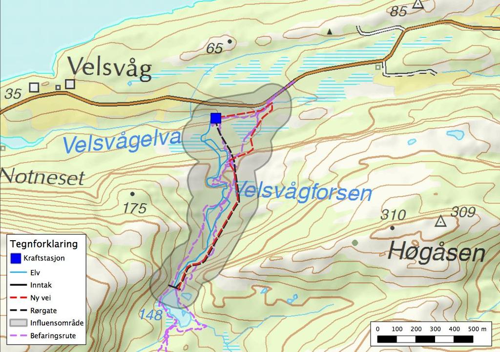 inntaksdammen (Fig. 2 og 3). Rørgaten skal gro igjen. Inntaksdammen bygges på kote 148, og vil bli på maks 2,5 m. Ved regulering vil vannstanden i Dalavatnet økes med 0,5 m til 148,5 moh.