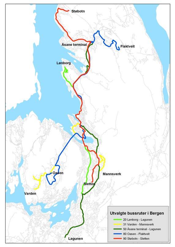 3.3 Framkommelighet Figur 17 Linjer der det er utført kjøretidsmålinger uke 46 24 I tillegg ble det gjennomført supplerende målinger på - linje 2 Strandkaiterminalen Birkelundstoppen - linje 23