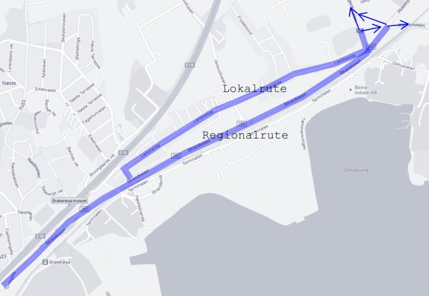 112-(122) UTREDNING Alternativ C Lokalbusser Lierstranda regionbusser Strandveien Fremkommelighet for buss: Det må anlegges kollektivfelt langs Strandveien retning øst inn mot rundkjøringen i