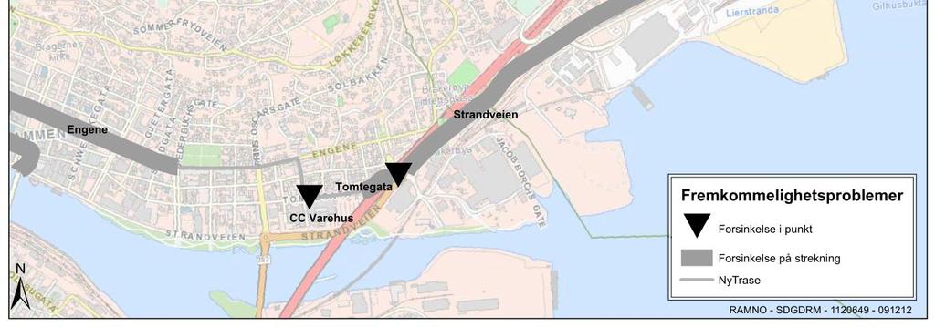 ettermiddagsrush. I motsatt retning er forsinkelsene noe mindre, rundt ett minutt både formiddag- og ettermiddag. I kartet under er problempunkt og strekninger langs den anbefalte traseen vist.