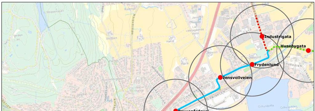 120-(122) UTREDNING Figur 108 Alternativt holdeplassmønster med avstand mellom holdeplassene på 2-300m.