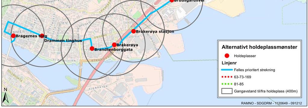 Gangavstanden på 400 m ut fra holdeplassene er flere steder overlappende, dvs. mange har også i dette alternativet gangavstand til to ulike holdeplasser.