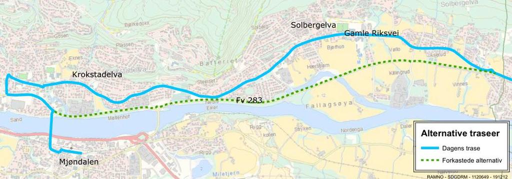 UTREDNING 19 (122) 2.2 Delstrekning 2 Travbanen til Mjøndalen Alternativ trase på strekningen er Fv. 283 fra travbanen til Krokstad.