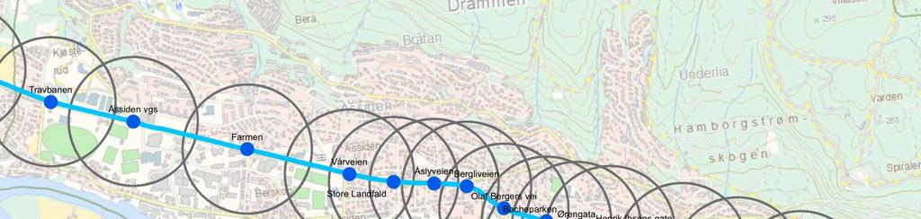 22 (122) UTREDNING 4. HOLDEPLASSMØNSTER 4.1 Delstrekning 1 Gamle Kirkeplass til Travbanen Det er i dag 15 holdeplasser fra og med Gamle Kirkeplass til og med Travbanen.