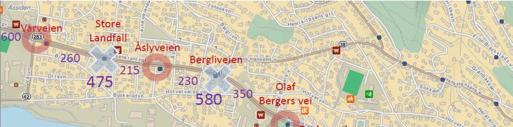 24 (122) UTREDNING Figur 20 Alternativt forslag med nedleggelse av annenhver holdeplass i Rosenkrantzgata.