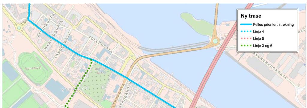 UTREDNING 33 (122) 2. TRASE Det er enighet om at Tordenskioldsgate skal være kollektivtrase gjennom Strømsø.