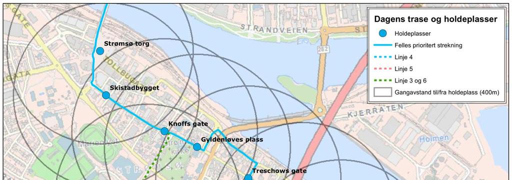 UTREDNING 37 (122) Figur 36 Dagens trase og holdeplasser. Holdeplassavstandene er som vist i tabellen under (avstandene kun omtrentlige, målt på kart).