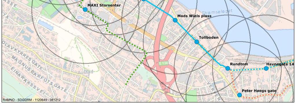 Wiels plass - Tollboden 240 Tollboden - Rundtom 300 Strekningen er på 1800 m og med åtte holdeplasser som gir en gjennomsnittlig holdeplassavstand på 260 meter.