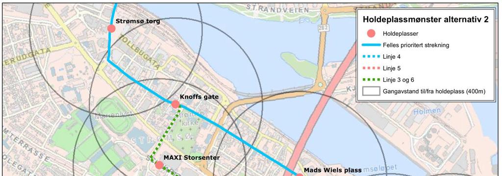 UTREDNING 41 (122) 4.3 Alternativ 2 Figuren under viser et stoppemønster mer i tråd med faglige anbefalinger, dvs. 5-600 m mellom holdeplassene. Antall holdeplasser er halvert fra åtte til fire.