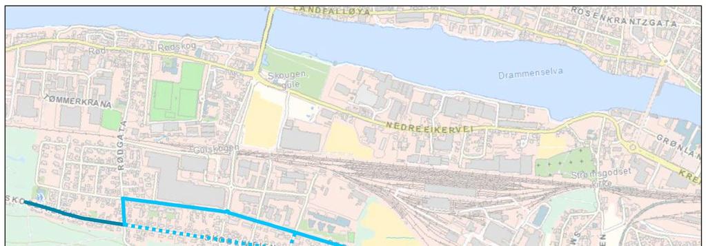 50 (122) UTREDNING På sikt kan traseen forlenges ned Rødgata og vestover i Skogligveien mot en snuplass der for så å kjøre samme rute tilbake mot Bragernes torg.