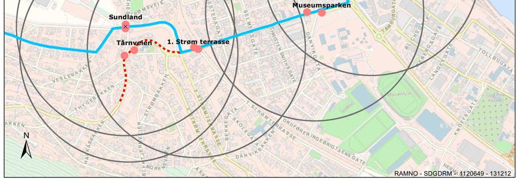 med fire holdeplasser som gir en gjennomsnittlig holdeplassavstand på 400 m. Ideelt sett burde man hatt til sammen tre holdeplasser inkludert busstasjonen og Sundland/Professor Smiths alle.