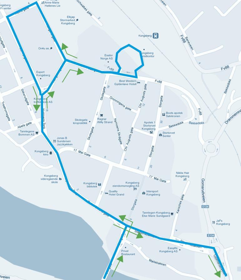 Det er også kort avstand mellom holdeplassene, og kjøretiden forlenges av unødvendig mange stopp. 2.2 Trase Kartene under viser traseen bussene følger gjennom sentrum.