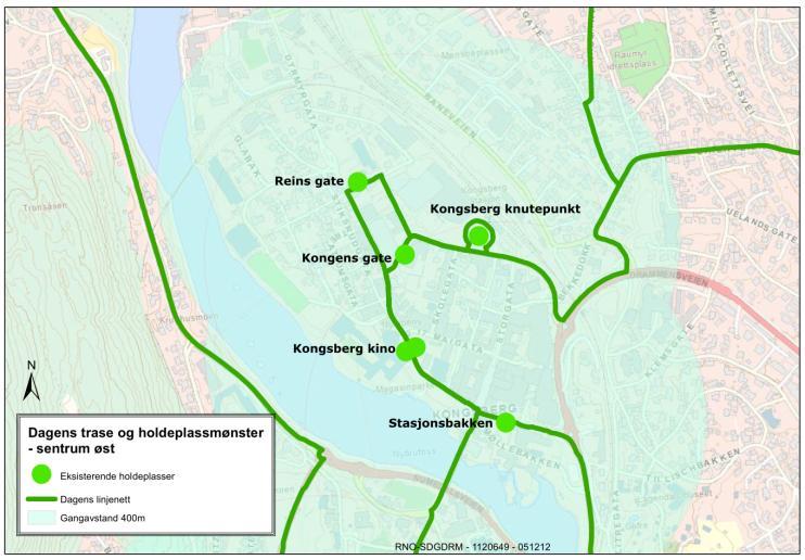 (Snitt mandag til lørdag i uke 12 2012). I kapittel 2.3 ble det anbefalt å forenkle traseen gjennom sentrum. Det vil medføre at holdeplassene Reins gate, Kongens gate og Stasjonsbakken nedlegges.