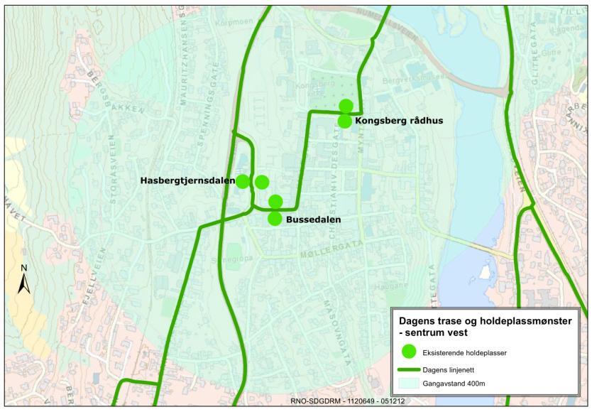 400 350 300 250 200 150 100 50 0 Figur 83 Dagens holdeplasser på vestsida og områder med gangavstand til disse. Figur 84 Antall påstigende per dag per holdeplass.